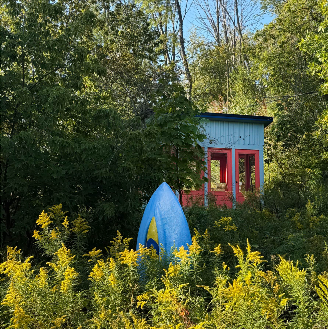 Writing studio cabin surrounded by goldenrod and trees